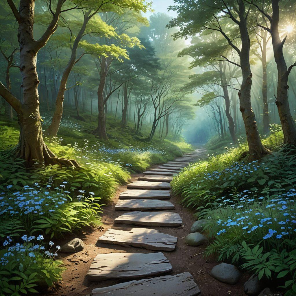 A serene landscape depicting a winding path through a tranquil forest, symbolizing resilience and healing. Along the path, subtle elements such as blooming flowers and gentle streams represent hope and recovery from grief. In the sky, soft rays of sunlight penetrate through the clouds, illuminating the journey ahead. Include soothing colors like greens and blues to evoke calmness. digital painting. soft textures. warm ambiance.