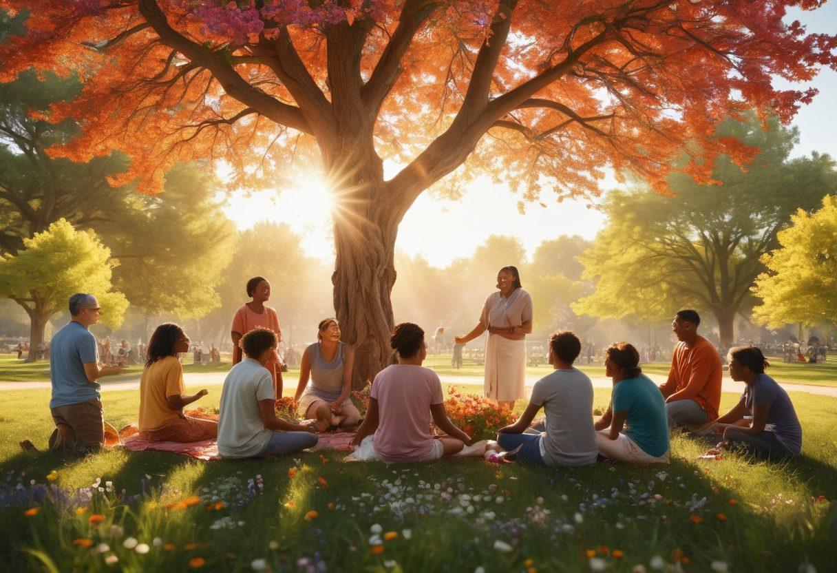 A vibrant and uplifting scene depicting a diverse group of people supporting each other in a sunny park, with symbolic imagery of branches transforming into roots, representing growth and strength. Include elements like a support group circle, flowery surroundings, and glowing light to signify hope and healing. The mood should be warm and encouraging. super-realistic. vibrant colors. 3D.