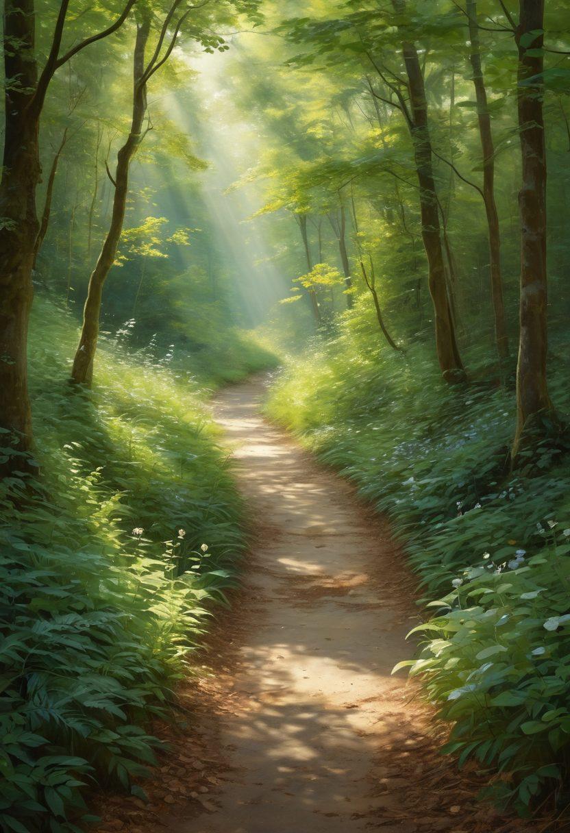 A serene path winding through a tranquil forest, dappled sunlight filtering through leaves, with a figure walking slowly, deep in thought. Soft shadows cast gentle reflections of emotions in the air, symbolizing healing and introspection. Include subtle imagery of butterflies representing transformation and hope along the way. gentle colors. impressionistic style.